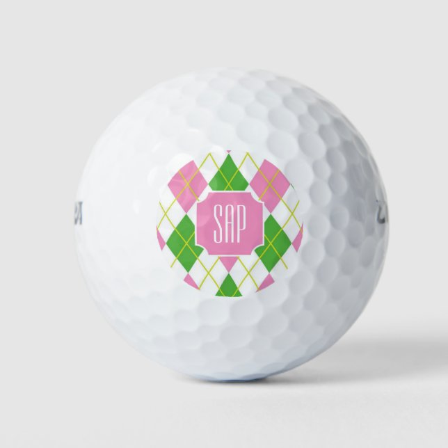 Monogram Pink Argyle Preppy Golf Balls (Front)