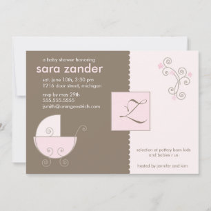 Monogram Pink Baby Carriage Shower Invitation