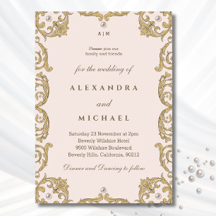 Monogram Pink Beige Ornate Victorian Pearl Wedding Invitation