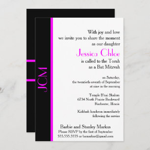 Monogram Pink Black Bat Mitzvah Invitation