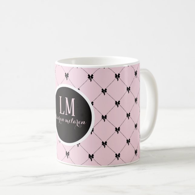 Monogram Pink & Black Bow Script Mug (Front Right)