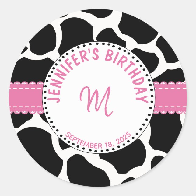Monogram Pink Black Cow Print Birthday Name    Classic Round Sticker (Front)