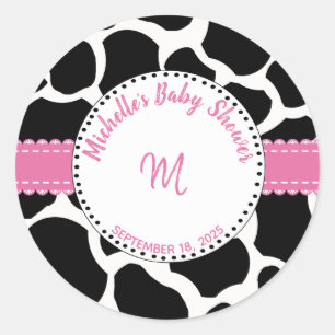 Monogram Pink Black Cow Print  Name  Classic Round Sticker