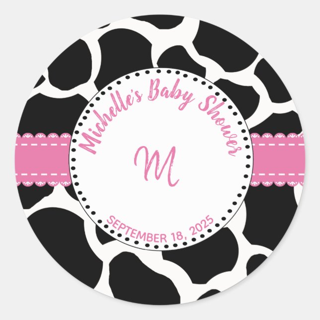 Monogram Pink Black Cow Print  Name  Classic Round Sticker (Front)