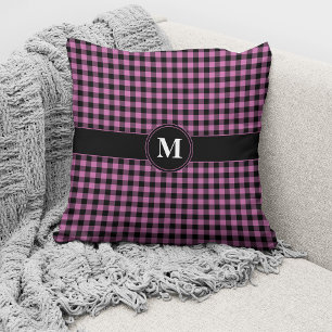 Monogram Pink Black Gingham Plaid Checked Pattern Cushion