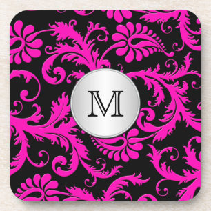 Monogram Pink Black Silver Damask Coaster Set (6)