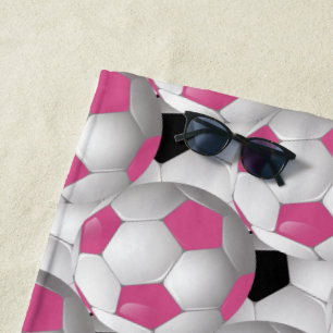 Monogram Pink Black Soccer Ball Pattern Beach Towel