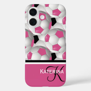 Monogram Pink Black Soccer Ball Pattern iPhone 16 Case