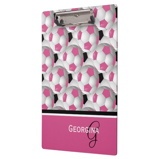 Monogram Pink Black Soccer Ball Pattern Clipboard (Left)