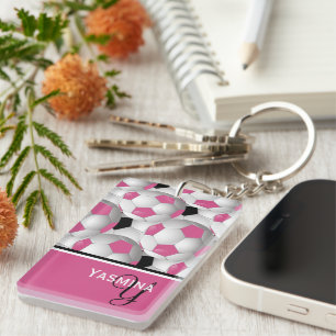 Monogram Pink Black Soccer Ball Pattern Key Ring