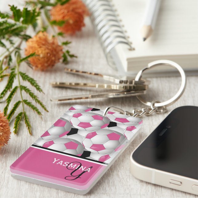 Monogram Pink Black Soccer Ball Pattern Key Ring (Front Right)