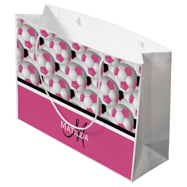 Monogram Pink Black Soccer Ball Pattern Large Gift Bag (Back Angled)