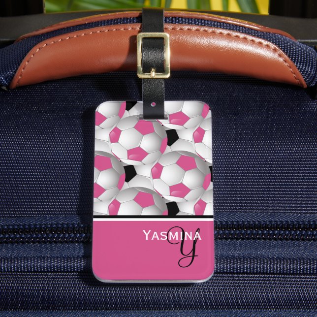 Monogram Pink Black Soccer Ball Pattern Luggage Tag (Front Insitu 2)