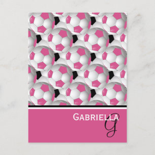 Monogram Pink Black Soccer Ball Pattern Postcard