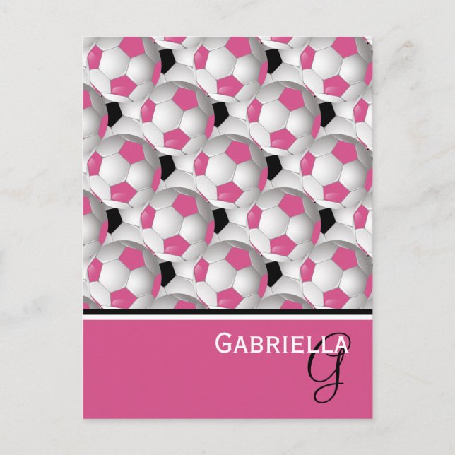 Monogram Pink Black Soccer Ball Pattern Postcard (Front)