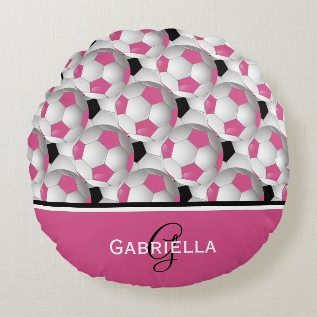 Monogram Pink Black Soccer Ball Pattern Round Cushion (Front)