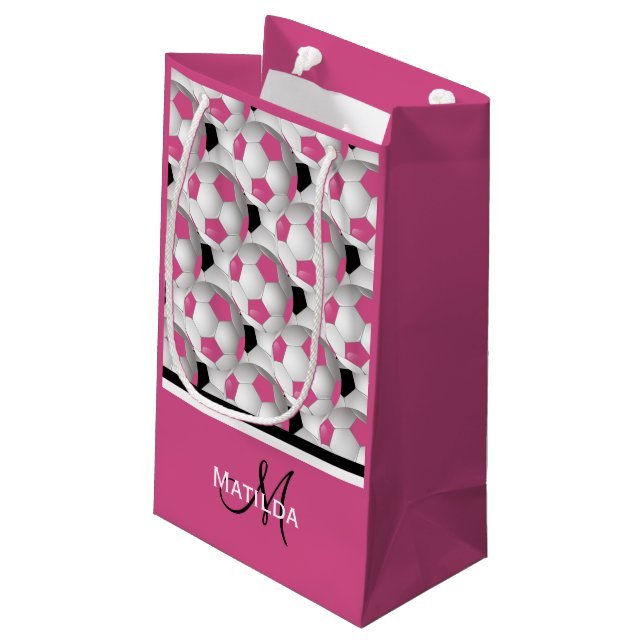 Monogram Pink Black Soccer Ball Pattern Small Gift Bag (Back Angled)