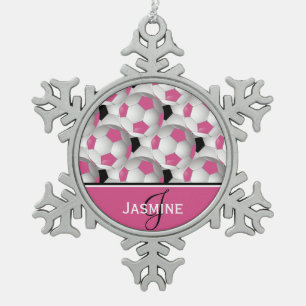 Monogram Pink Black Soccer Ball Pattern Snowflake Pewter Christmas Ornament