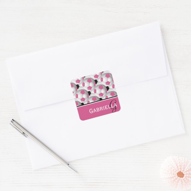 Monogram Pink Black Soccer Ball Pattern Square Sticker (Envelope)