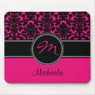 Monogram Pink Black White Damask Mousepad