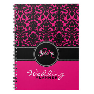 Monogram Pink Black White Damask Wedding Planner Notebook