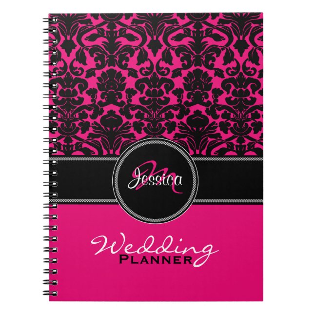 Monogram Pink Black White Damask Wedding Planner Notebook (Front)
