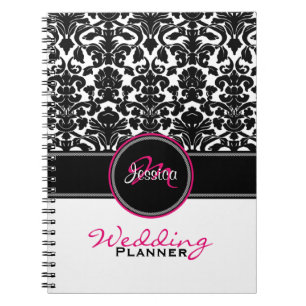 Monogram Pink Black White Damask Wedding Planner Notebook
