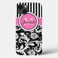 Monogram Pink, Black, White Striped Damask iPad
