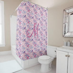 Monogram Pink Blue Birds Floral Toile Chinoiserie Shower Curtain