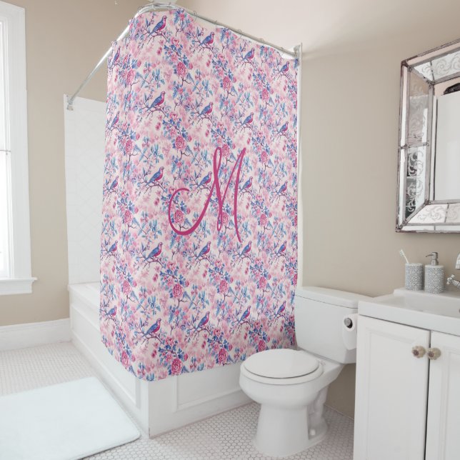 Monogram Pink Blue Birds Floral Toile Chinoiserie Shower Curtain (In Situ)