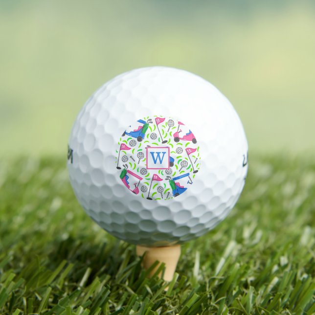 Monogram Pink Blue Green Golf Preppy  Golf Balls (Insitu Tee)