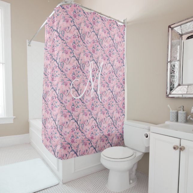 Monogram Pink Blue Toile Chinoiserie Floral Shower Curtain (In Situ)