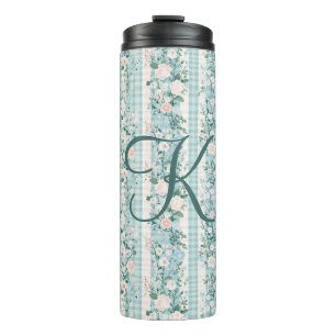 Monogram Pink Blue Watercolor Florals Gingham  Thermal Tumbler