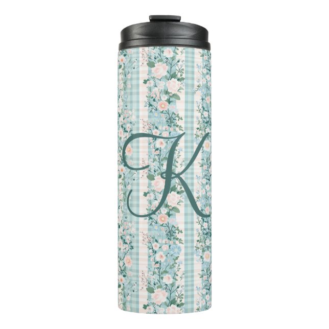 Monogram Pink Blue Watercolor Florals Gingham  Thermal Tumbler (Front)
