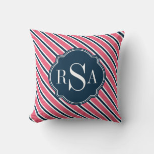 Monogram Pink Blue White Stripe Pattern Cushion