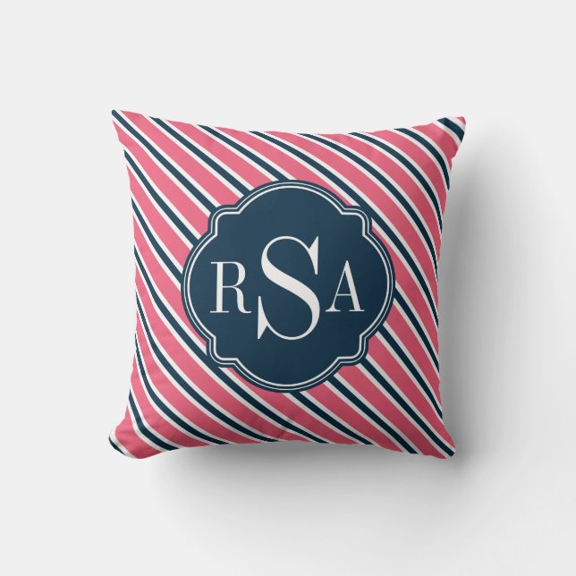 Monogram Pink Blue White Stripe Pattern Cushion (Front)
