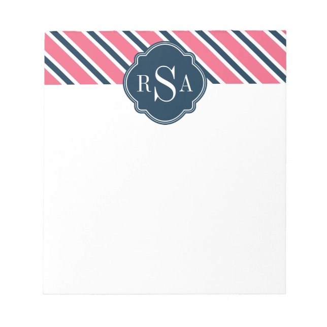 Monogram Pink Blue White Stripe Pattern Notepad (Front)