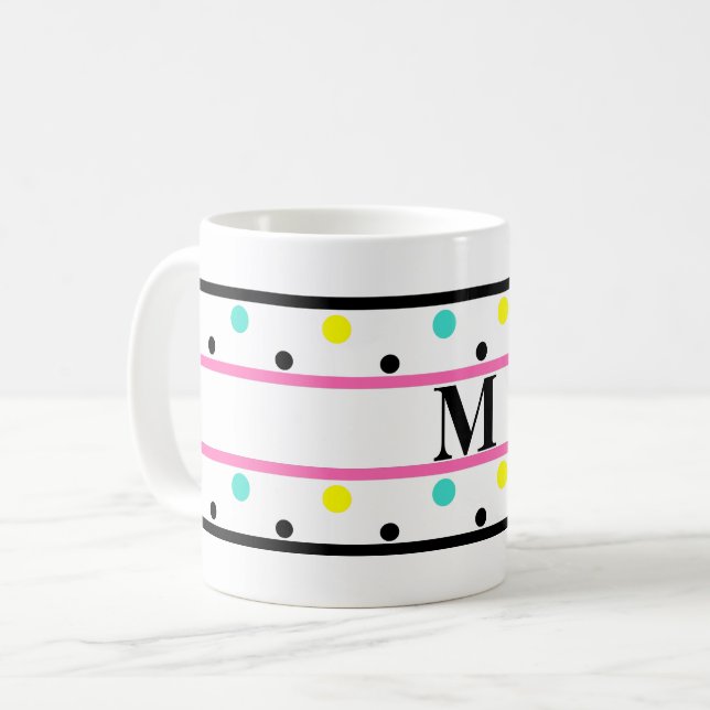 Monogram Pink Blue Yellow Polka Dots Coffee Mug (Front Left)
