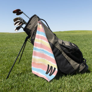 Monogram Pink Blue Yellow White Watercolor Stripes Golf Towel