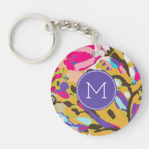 Monogram   Pink Boho Floral I Key Ring