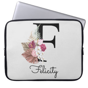 Monogram Pink Boho Floral Initial F Laptop Sleeve