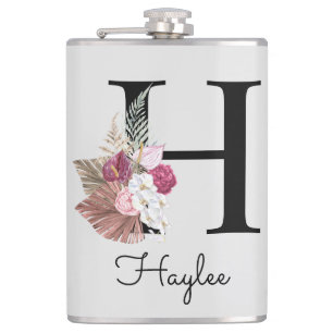 Monogram Pink Boho Floral Initial H Hip Flask