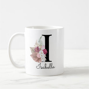 Monogram Pink Boho Girly Floral Initial I Coffee Mug
