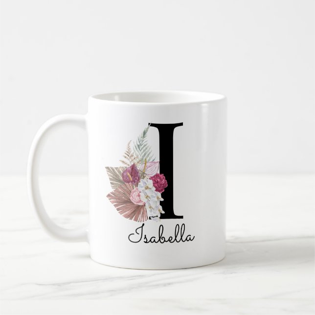 Monogram Pink Boho Girly Floral Initial I Coffee Mug (Left)
