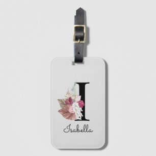 Monogram Pink Boho Girly Floral Initial I Luggage Tag