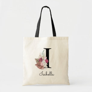 Monogram Pink Boho Girly Floral Initial I Tote Bag