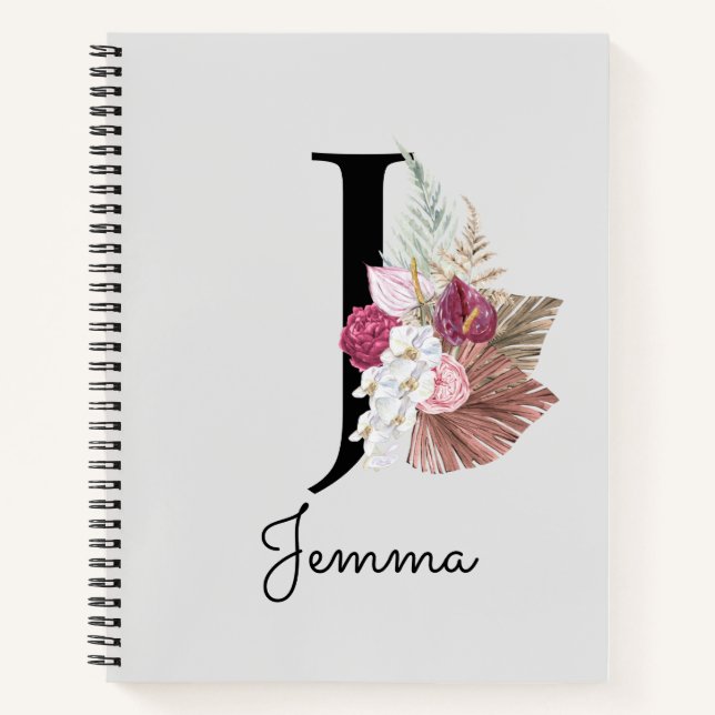 Monogram Pink Boho Girly Floral Initial J Notebook (Front)