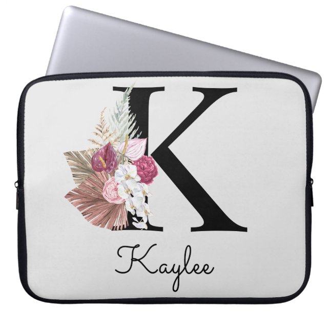 Monogram Pink Boho Girly Floral Initial K Laptop Sleeve (Front)