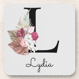 Monogram Pink Boho Girly Floral Initial L Coaster