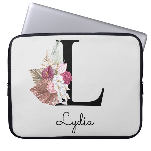 Monogram Pink Boho Girly Floral Initial L Laptop Sleeve (Front)